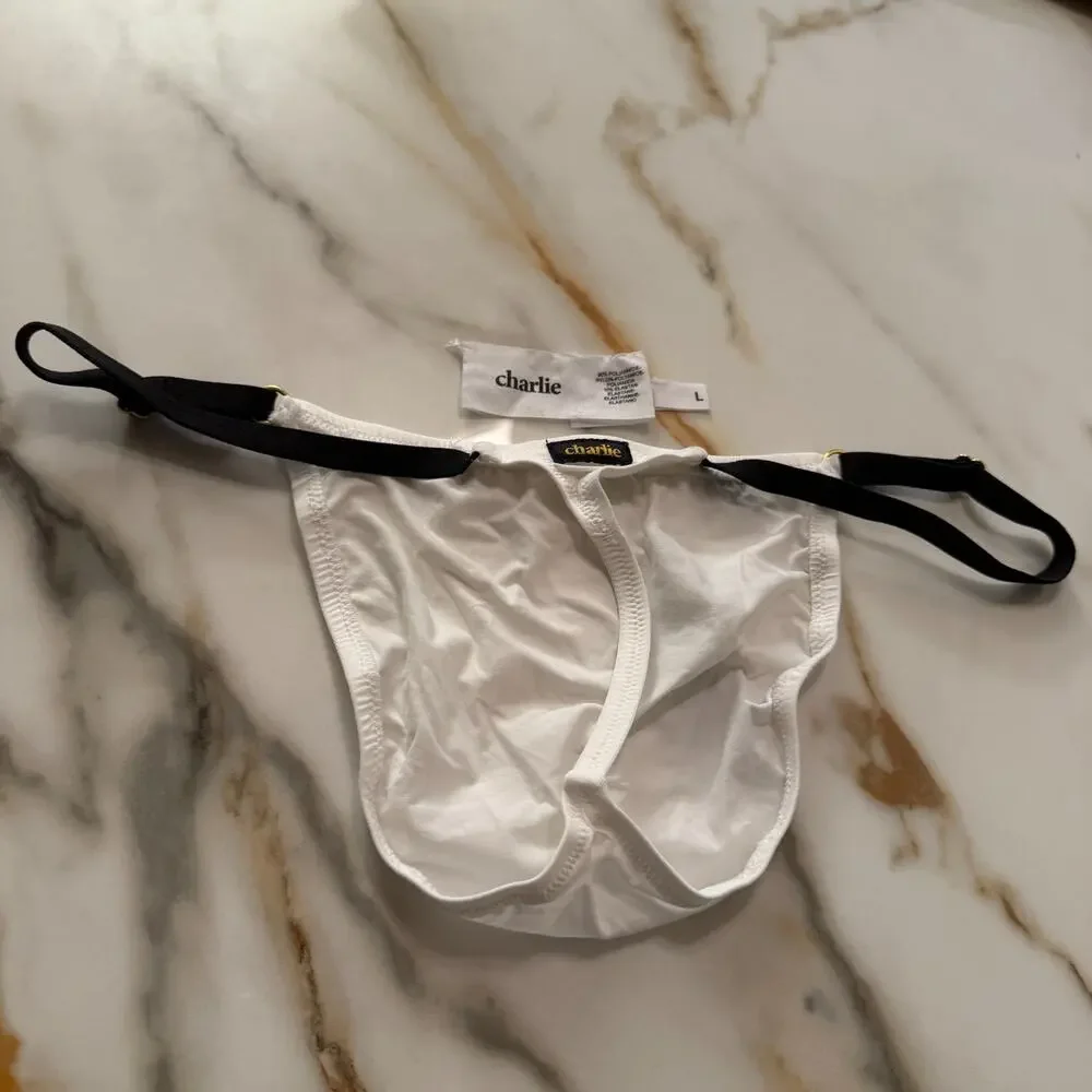 NEW Charlie By MZ Mens Tuxedo Strap Thong Color White & Black Size Large
